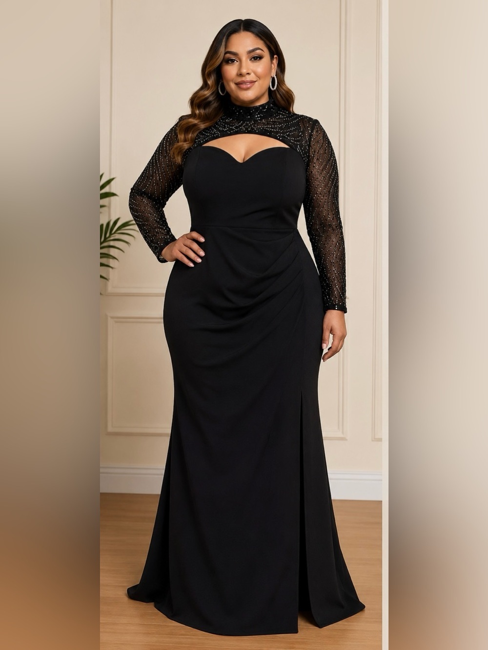 Black Sequin Sleeve Mock Neck Evening Gown Maxi Dress 2XL Formal Party BN